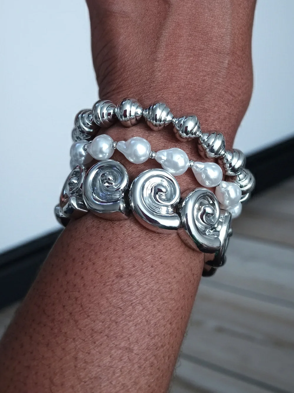 Silver Pearl Accent Spiral Bracelet Set - Women Jewelry